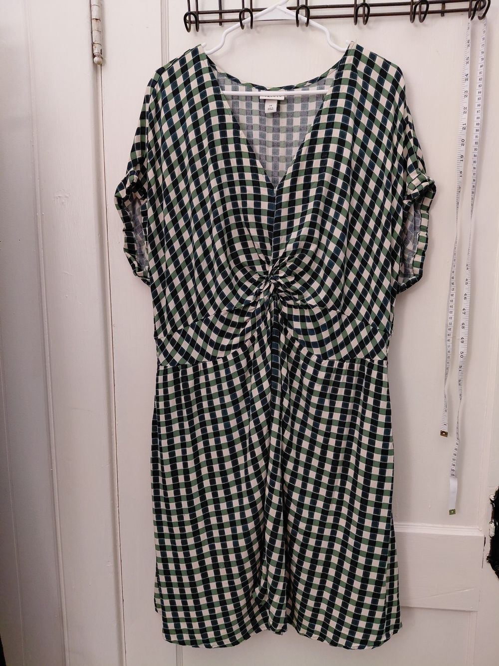 Ava & Viv Green Gingham Plaid V-Neck Twist Front Dress 2X Plus Size Pockets
